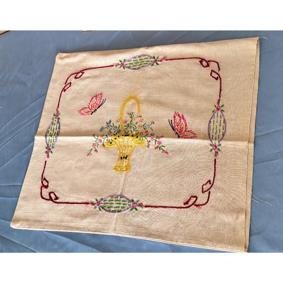 Vintage Embroidery Flower Basket Pillow Cover Case Butterflies 17x16 - Picture 4 of 12